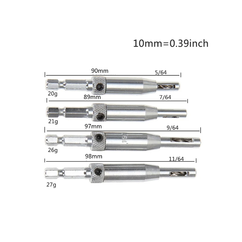 

4 Center Drill Bit with 1 Hex for KEY Auto Centering Hinge Drill Bit for Woodwor