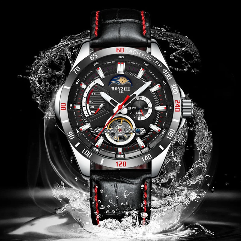 

BOYZHE Cool Men's Watch Moon Phase Automatic Mechanical Wristwatch Stainsteel Band Sport Waterproof Male Watch relogio masculino