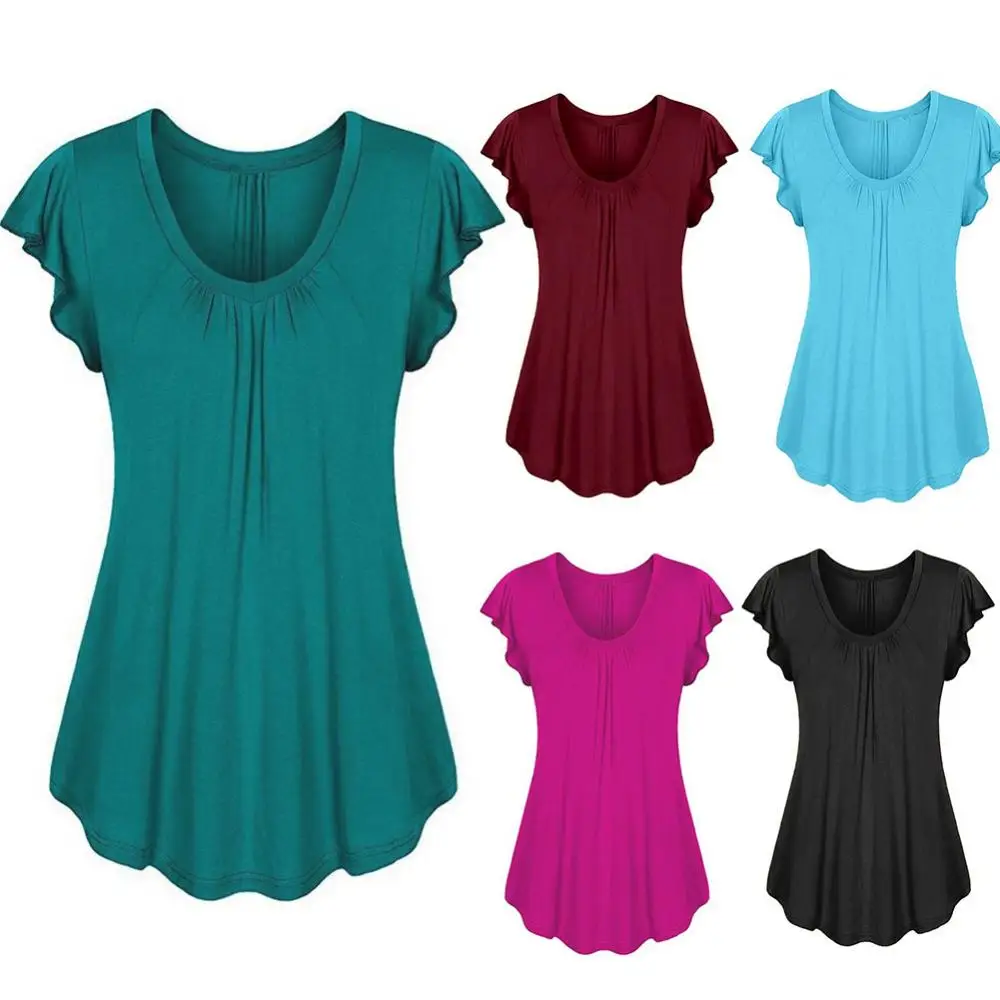 

Женская однотонная блузка с круглым вырезом и рукавом с оборками