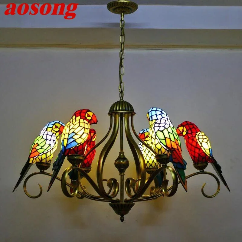 AOSONG Люстра Тиффани в виде попугая винтажном стиле креативный цветной стеклянный
