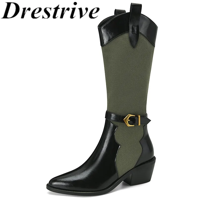 

Drestrive 2022 Fashion Women High Knee Boots Pointed Toe Patchwork Thick Mid Heels Buckle Zipper Cow Split Leather Size 41