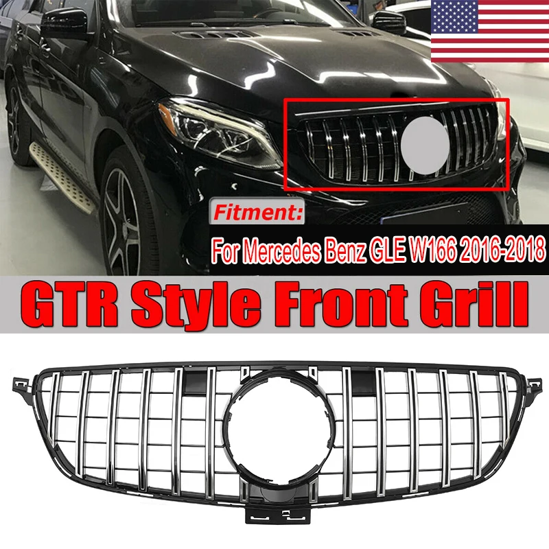 Silver Front Grille GT R for Mercedes Benz GLE Coupe W166 GLE350 GLE400 2015 2016 2017 2018 Replacement Racing Car Styling
