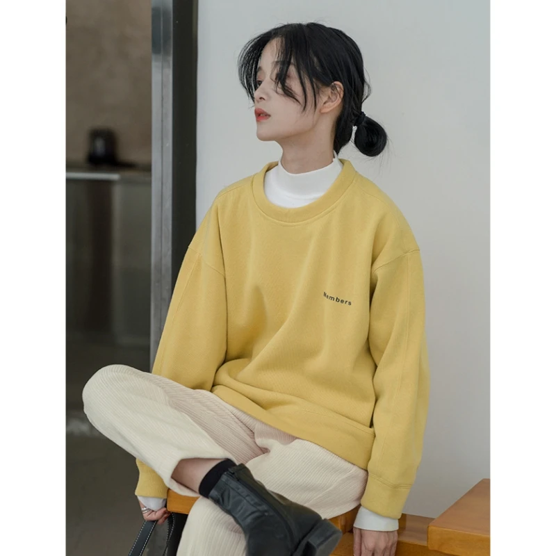 

Women's Clothing Yellow Sweatshirt Letter Vintage Street American Fashion Female Long Sleeves Casual Winter Warm Baggy Pullover