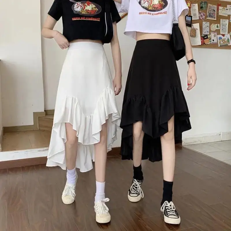 

2022 new spring Gothic white irregular medium long Korean loose high waist A-line skirt Ruffles Hem Dovetail skirt