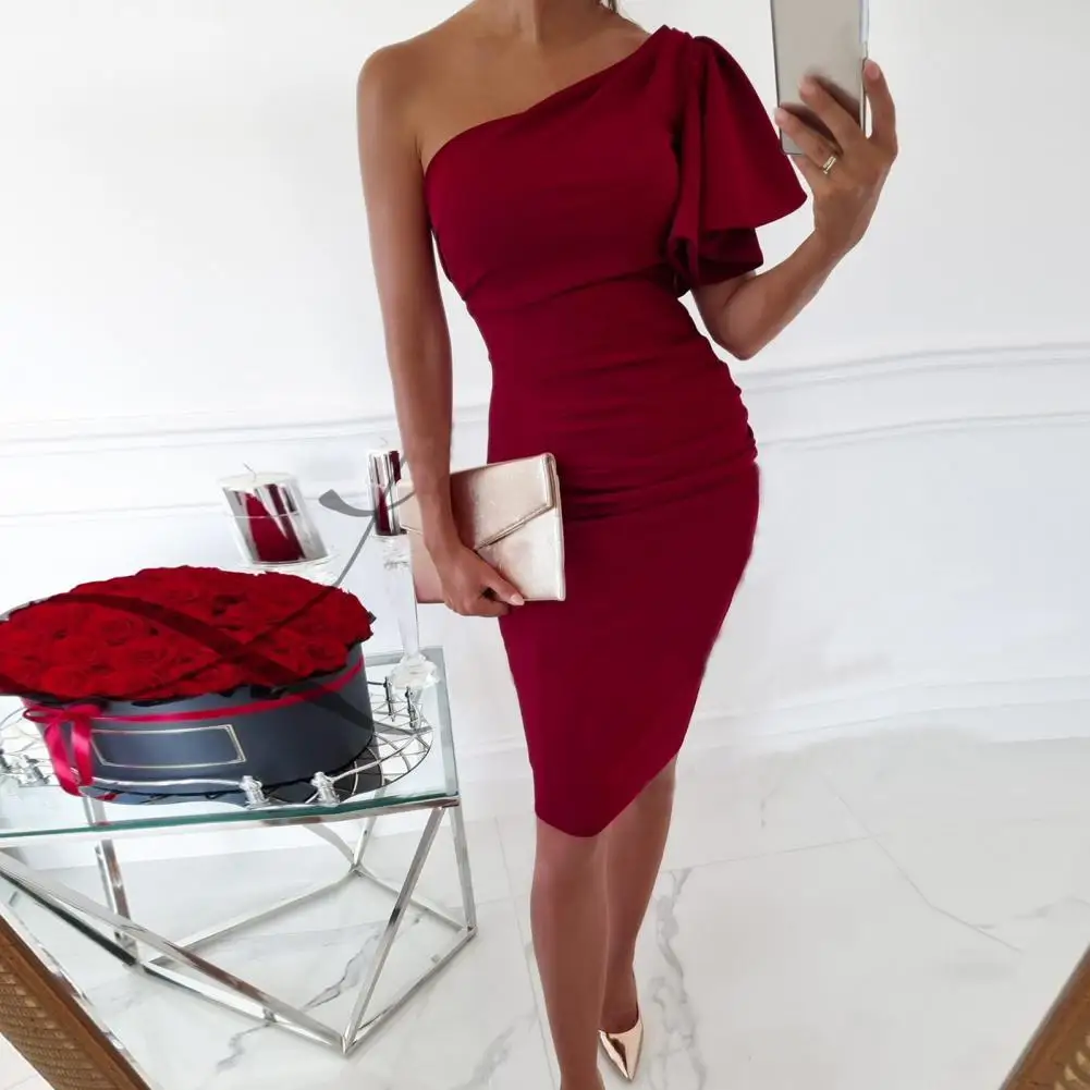 

Женское облегающее платье с запахом на бедрах, вечерние кательное праздничное платье миди на одно плечо для женщин, плиссированное платье-к...