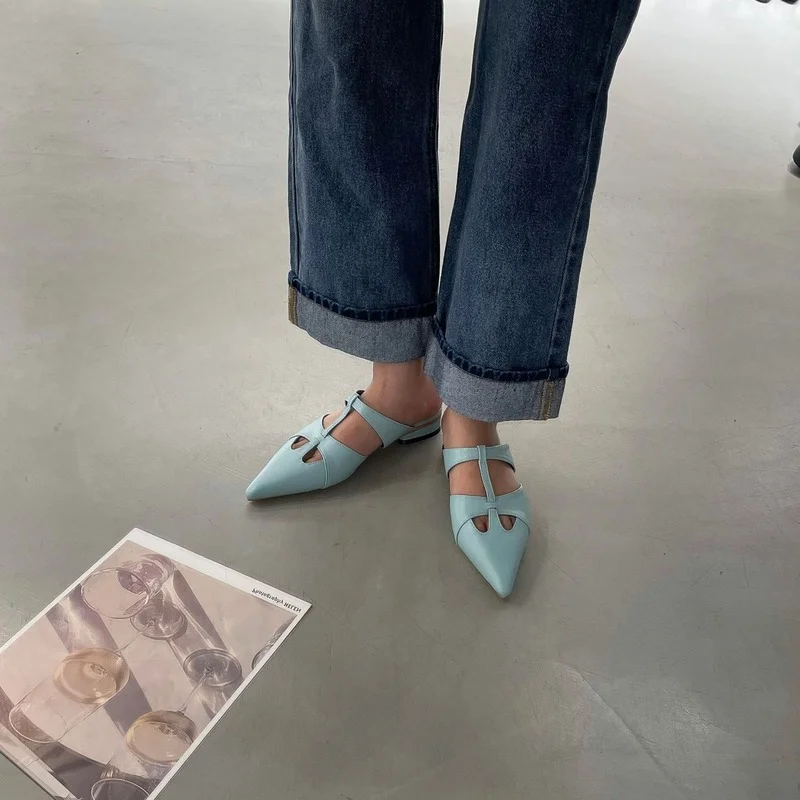 Slippers Women 2022 Summer New Girl Lazy Net Red Flat Bottom Pointed Toe Head Half Slippers for Outer Wear Slippers Women