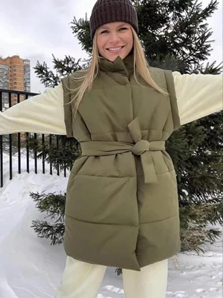 

TRAF Sleeveless Vests Women 2022 Autumn New Fashion Padded Vest Woman Belt Sleeveless Jacket Woman Streetwear Coats