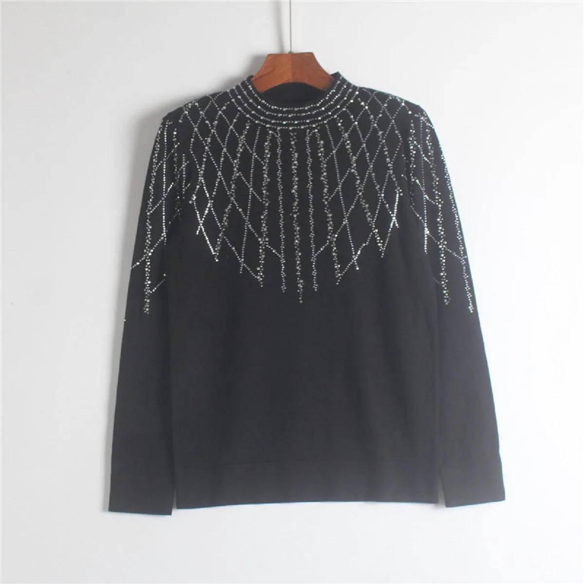 

Long Sleeve Beaded Sequine T Shirt 2022 Autumn Korean Round Neck Slim Top Solid Color Plus Size Basic TShirt Harajuku Soft