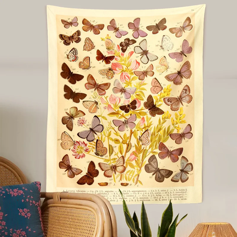 

Butterfly Reference Chart Tapestry Wall Hanging Vintage Botanical Tapestries Aesthetic Room Decor Mandala Decoration Mural Tapiz