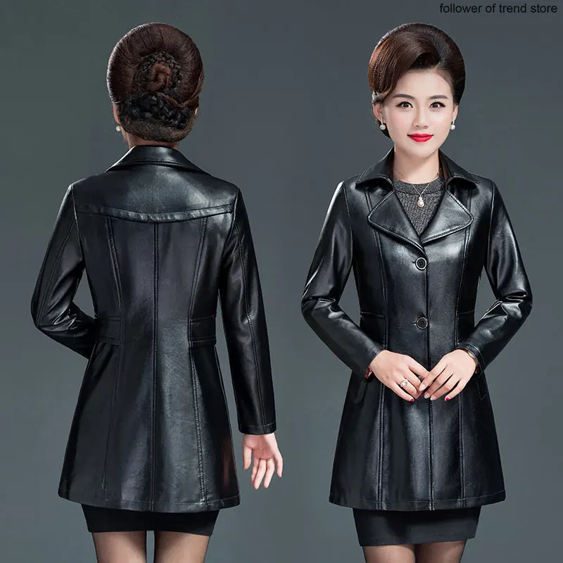 

Middle Aged Old-age Long Leather Clothes, Women's Autumn Winter Clothes, Medium Long Slim Leather Jacket, Mother's Coat