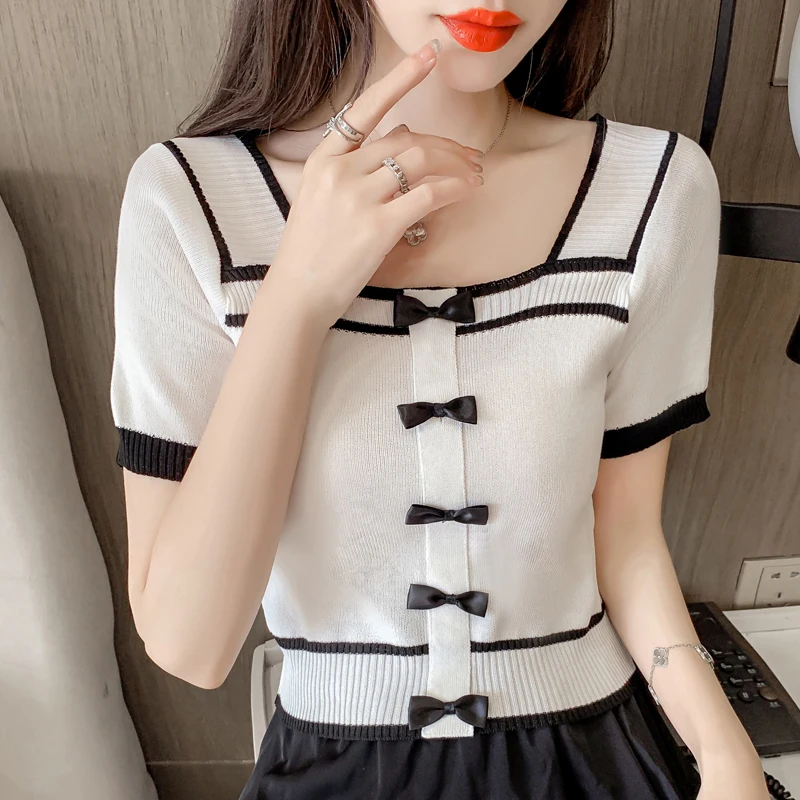 

Summer Thin Knit Sweater Shirts Female Short Sleeve Square Collar Bowknot Slim Crop Top Girls Patchwork Pullover