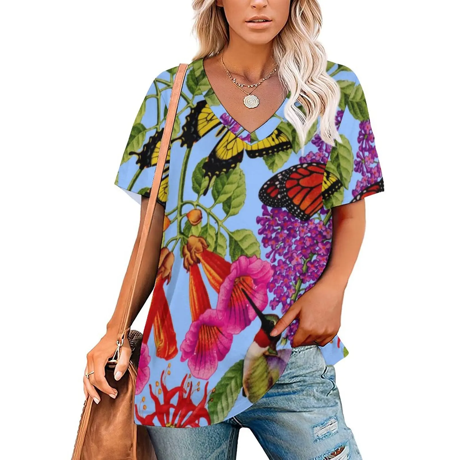 

Bees Balm T-Shirt Butterfly Bird Flower Pinrt Trendy V Neck T Shirts Short Sleeve Basic Tee Shirt Beach Printed Tees Large Size
