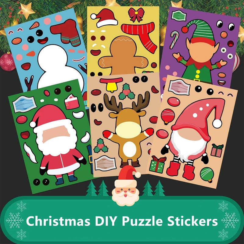 

12 шт., детские рождественские наклейки-пазлы «Дед Мороз»