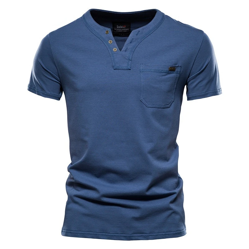 

Summer Men Cotton T Shirt Solid Color Pocket Design V-Neck Button Tops Man Casual Classic Brand Short Sleeve T-Shirt Male