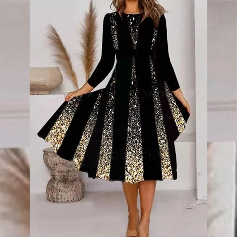 

2022 New Fashion Striped Printed Pleated Dress Spring Autumn Office Ladies A-Line Dress Elegant Womens Long Sleeve Party Dresses