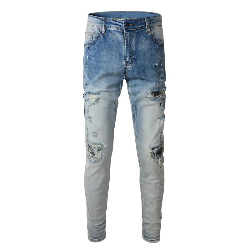 

Street Fashion Men Jeans Retro Light Blue Elastic Destroyed Slim Ripped Jeans Men Patched Designer Hip Hop Painted Denim Pants