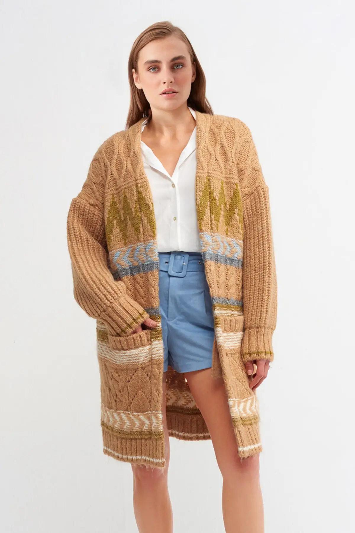 

Women's Cardigan Oversize Patterned V-Neck Wool With Pocket Casual Knitted Quality Fashion Sweaters Loose Jumper