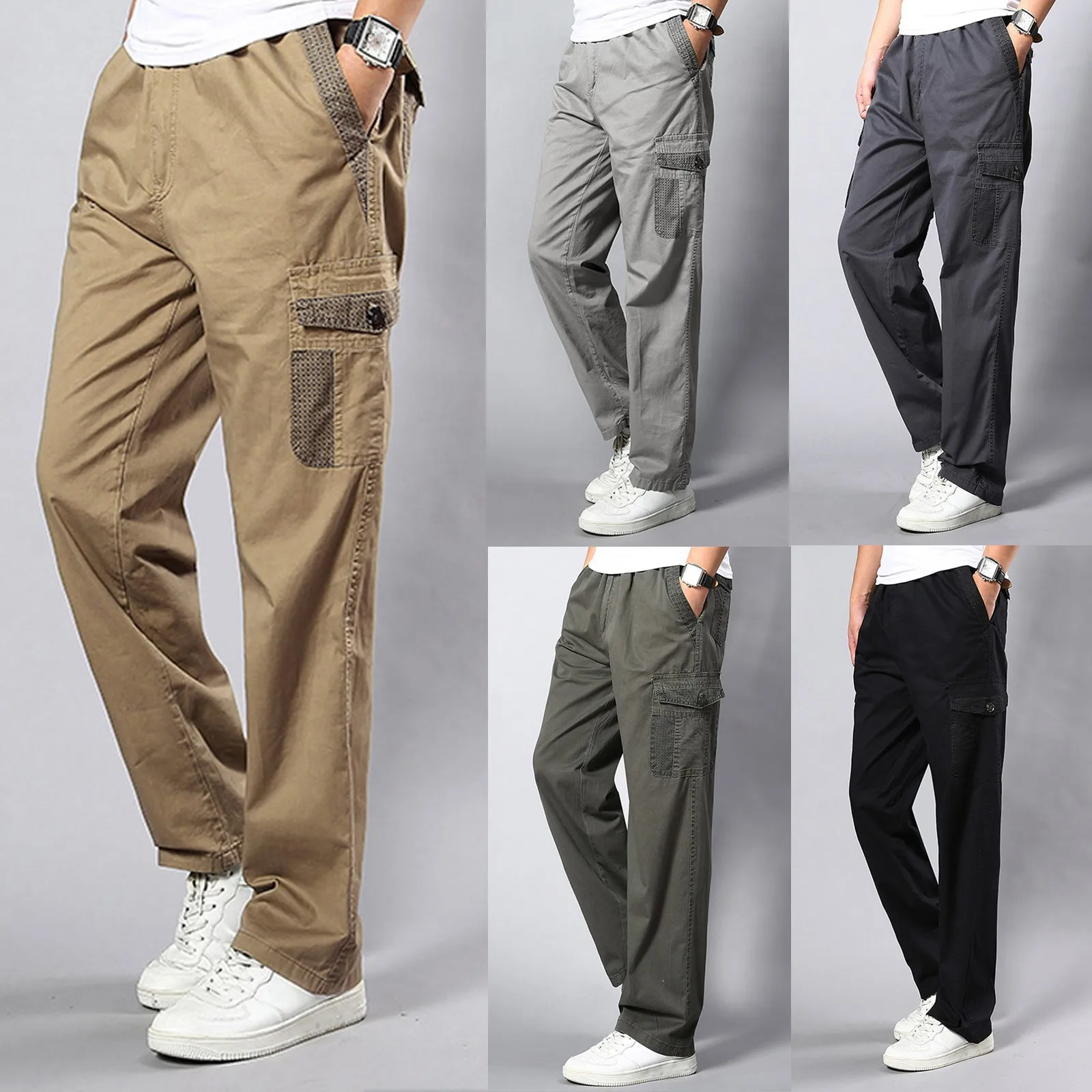 

Mens Solid Color Summer Casual All Match Pants Fashionable Woven Long Cargo Pants With Pockets Little House Big