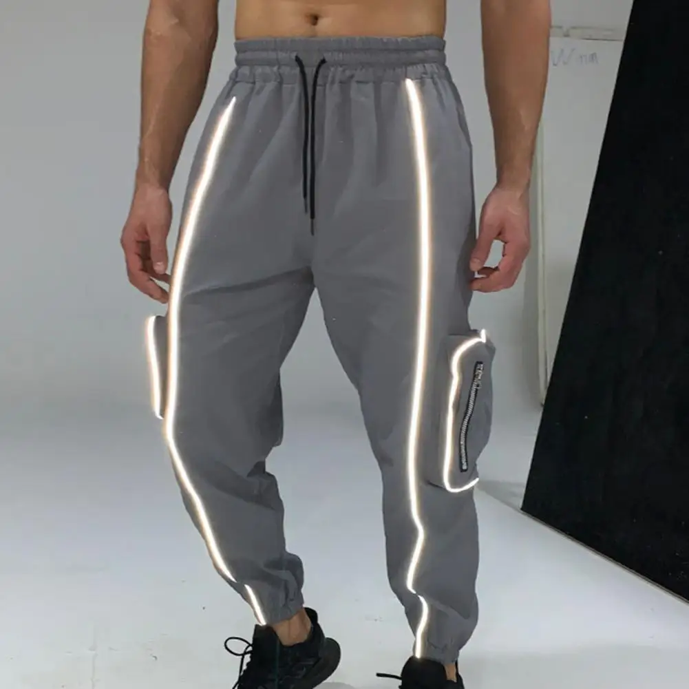 

Men Pants Spring Sweatpants Solid Color Elastic Waist Zipper Night Reflective Sports Sweatpants Outdoor Trousers штаны мужские