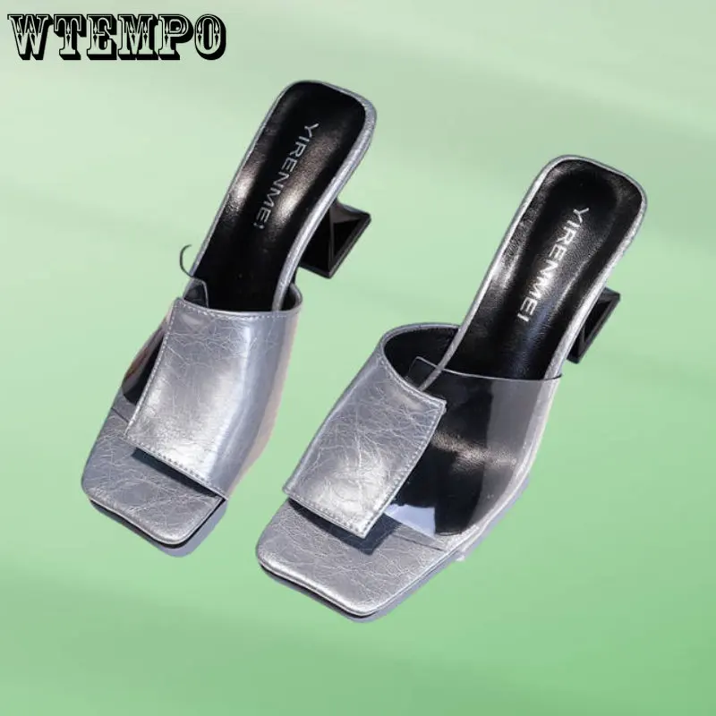 

WTEMPO Women Strange Heels Shoes Patchwork Femmes Clear Sandales Square Open Toe Platform High Heels Slippers Dropshipping