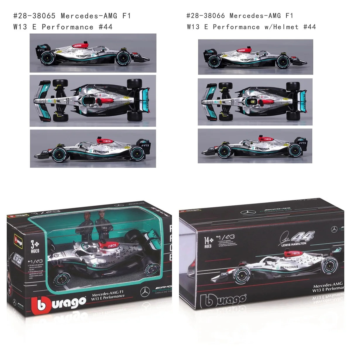 

Bburago 1:43 F1 W13 E Performance #63 G.Russell / #44 L.Hamilton DieCast Model Car F1 Racing