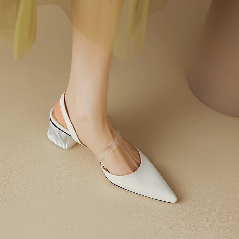 2023 New Split Leather Women's Sandals Summer Pointed Toe Thick Heel Color Matching Lazy Shoes Japanese Style Luxury Sandals