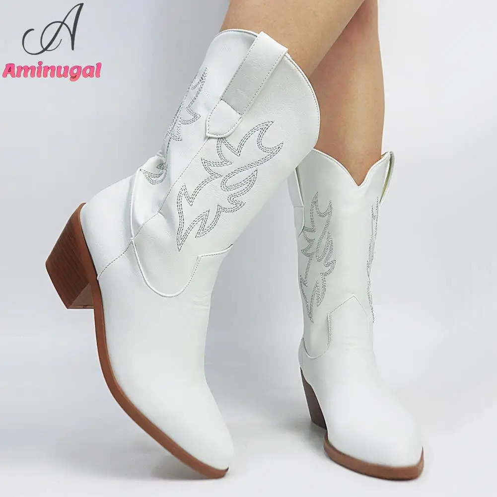 Cowboy White Western Sewing Floral Mid-calf Boots For Women 2023 Spring Summer Pointed Toe Chunky Heels Cool Cowgirl Boots Shoes