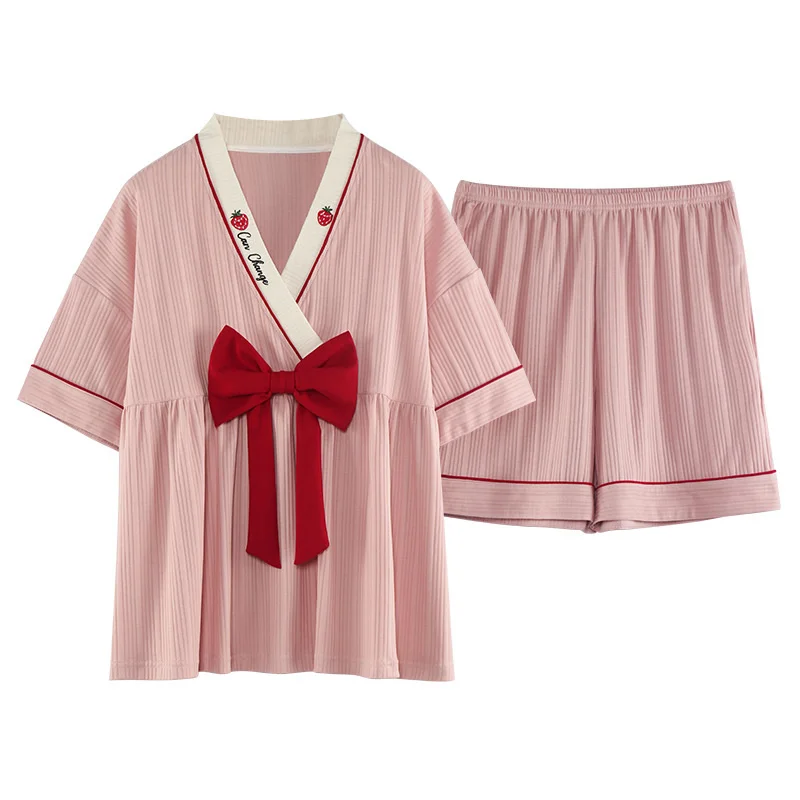 2022 New Style Pajamas Women's Kimono Short Sleeved Shorts Summer Pure Cotton Simple Sweet Lovely Home Clothes