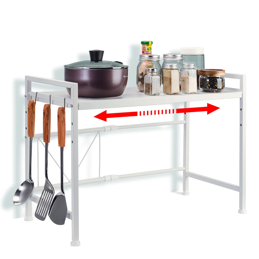 

Microwave Oven Rack Kitchen Storage Organizer Cabinet Counter Stand Shelf Expandable Height Adjustable with 3 Hooks
