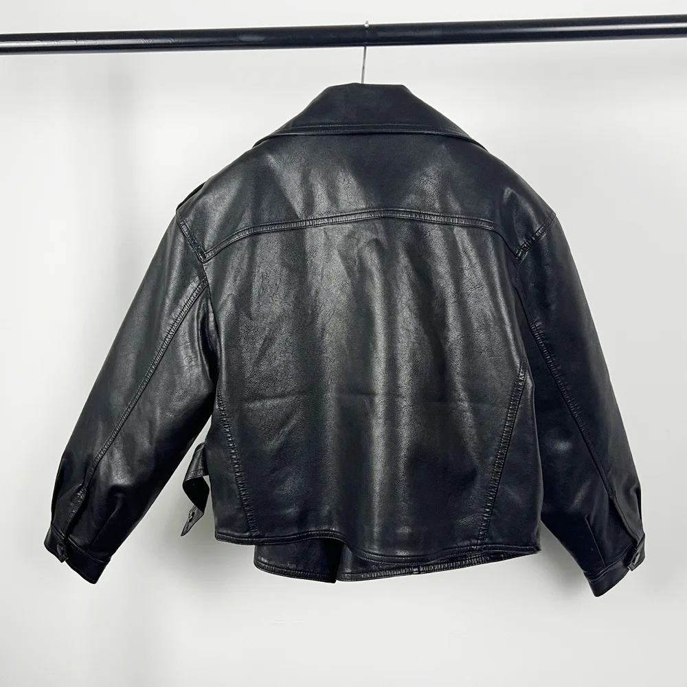 2023 spring new loose version of the sleeved leather jacket women's epaulettes coat motorcycle leather