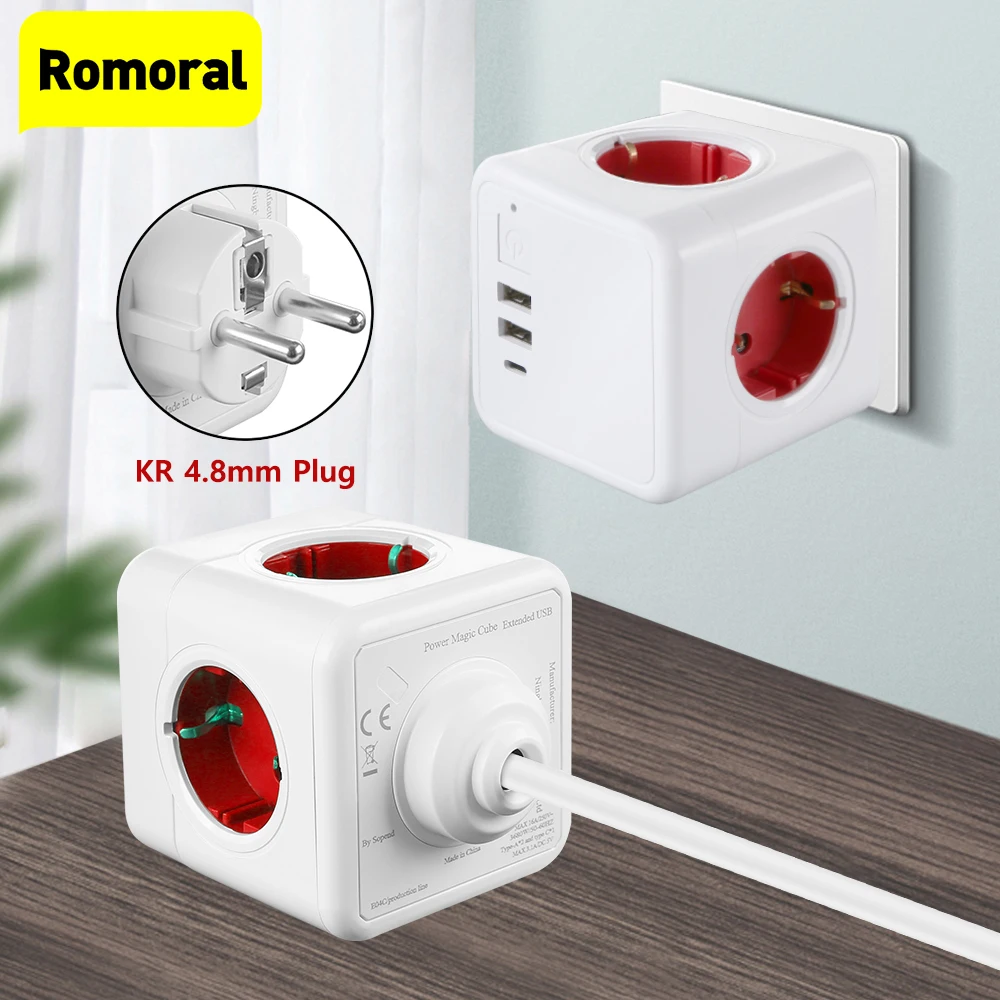 

Multiprise EU Plug Cube Power Socket Adapter USB Extension Cord Type C Phone Charging Overload Protection Outlet for Office