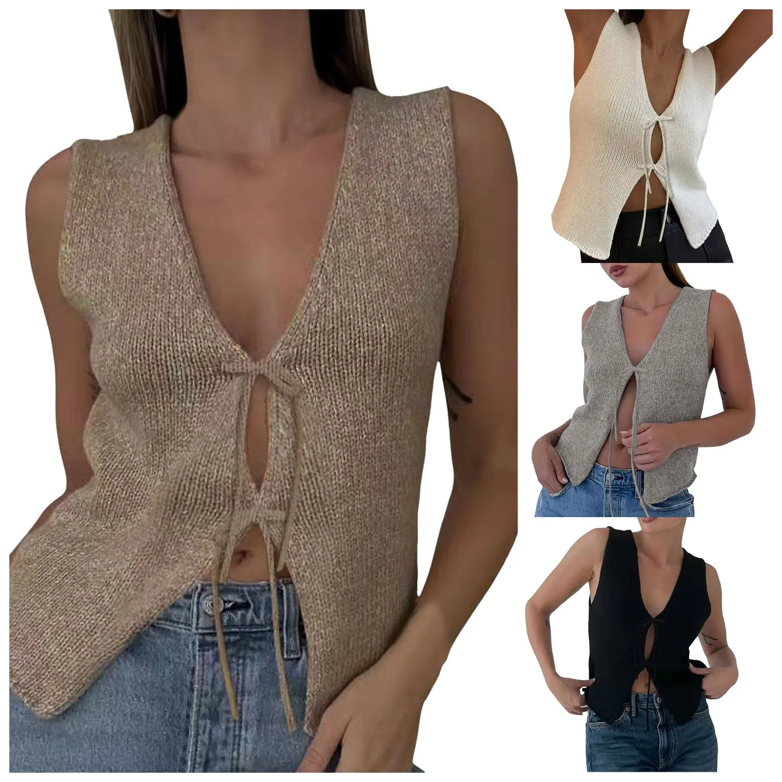Женский трикотажный жилет винтажный простой однотонный без рукавов с V-образным