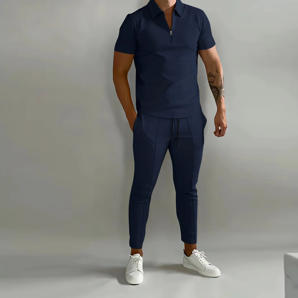 Casual Men Solid Color Polo Shirt Set 2 Piece Suit Fashion Tracksuits Business Outfits Summer Short Sleeve Male Fitness Clothes