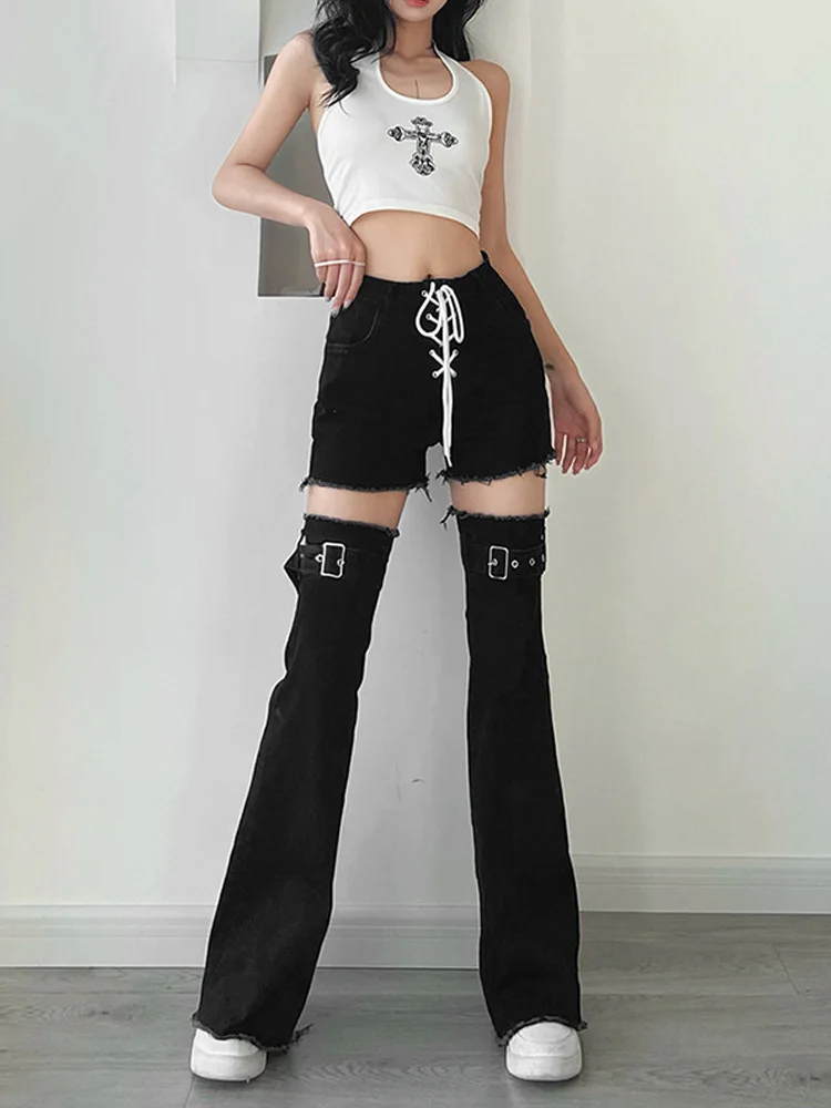 

Повседневные тонкие однотонные расклешенные брюки со шнуровкой и блестками для женщин, уличная одежда, брюки, накидка, джинсы в стиле пэчво...