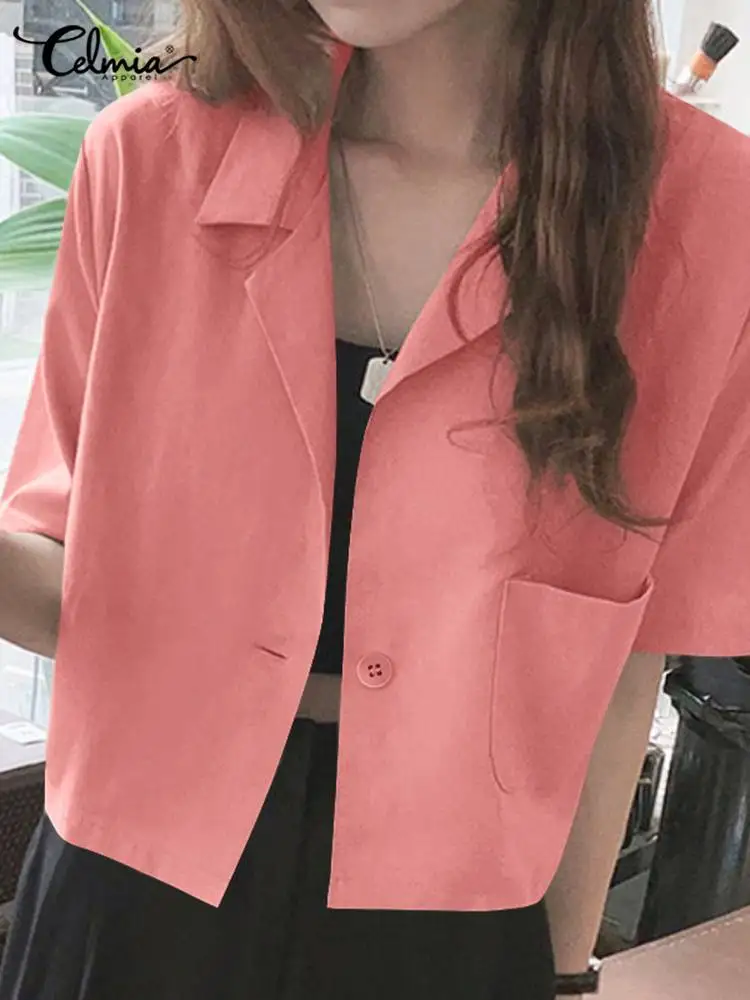 Celmia Women Cotton Light Blazer Leisure Suit Collar Office Lady 2022 Summer Short Blazer Korean Elegant Half Sleeve Thin Coat