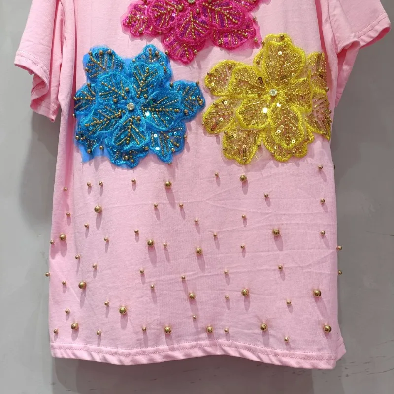 Корейский стиль темперамент универсальная футболка с круглым вырезом и бусинами