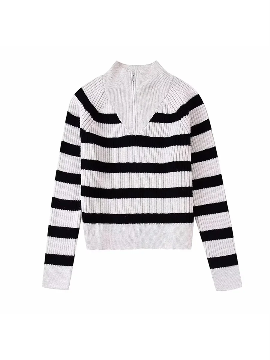 

Женский трикотажный свитер в черно-белую полоску, с длинными рукавами и воротником-стойкой, на молнии спереди