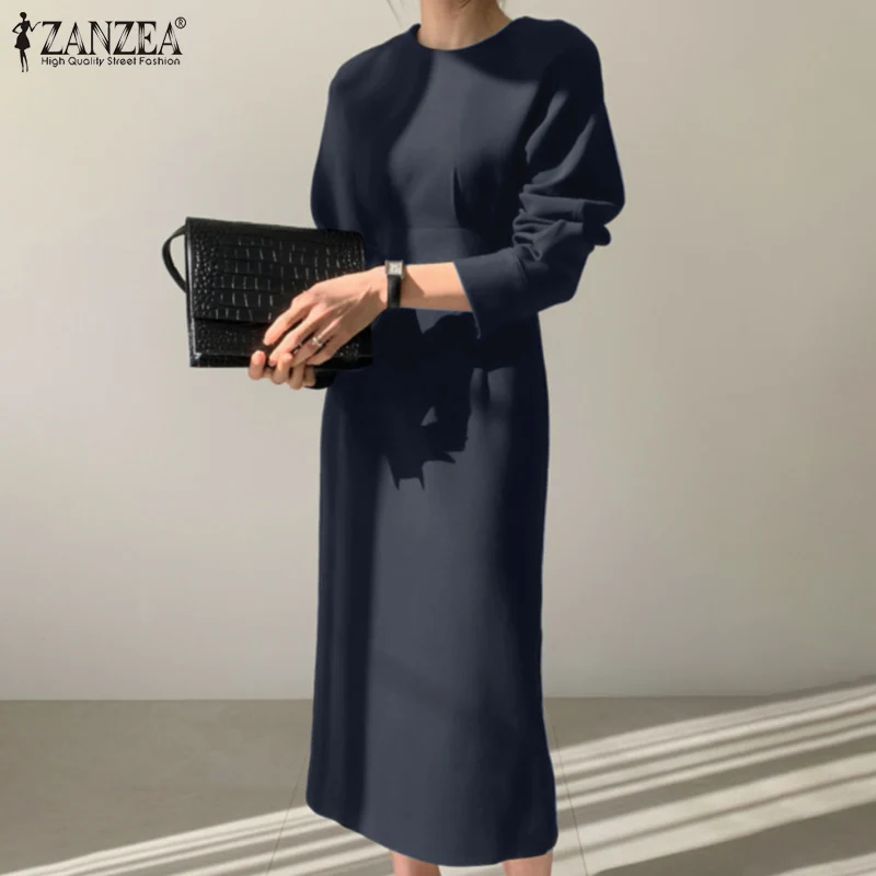 

ZANZEA Fashion Knee Length Dress Work Office Vestido Women Vintage Long Sleeve O Neck Robe Ladies Casual Oversize Dresses Femme