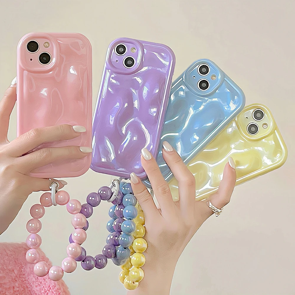 

Qianliyao 3D Meteorite Pattern Bracelet Phone Case For iPhone 14 13 12 11 Pro Max Cute Glossy Candy Color Soft Shockproof Cover