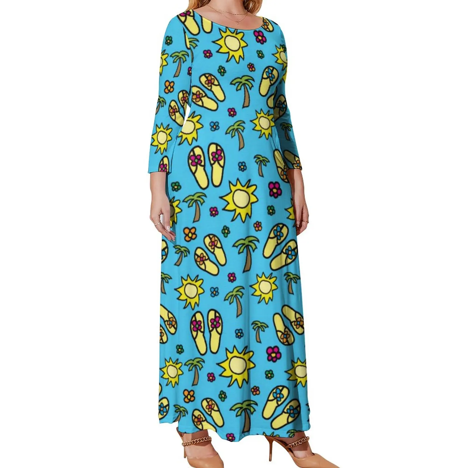 Vacation Palm Tree Dress Abstract Summer Flip Flops Party Maxi Dress Aesthetic Bohemia Long Dresses Print Vestidos Plus Size 5XL