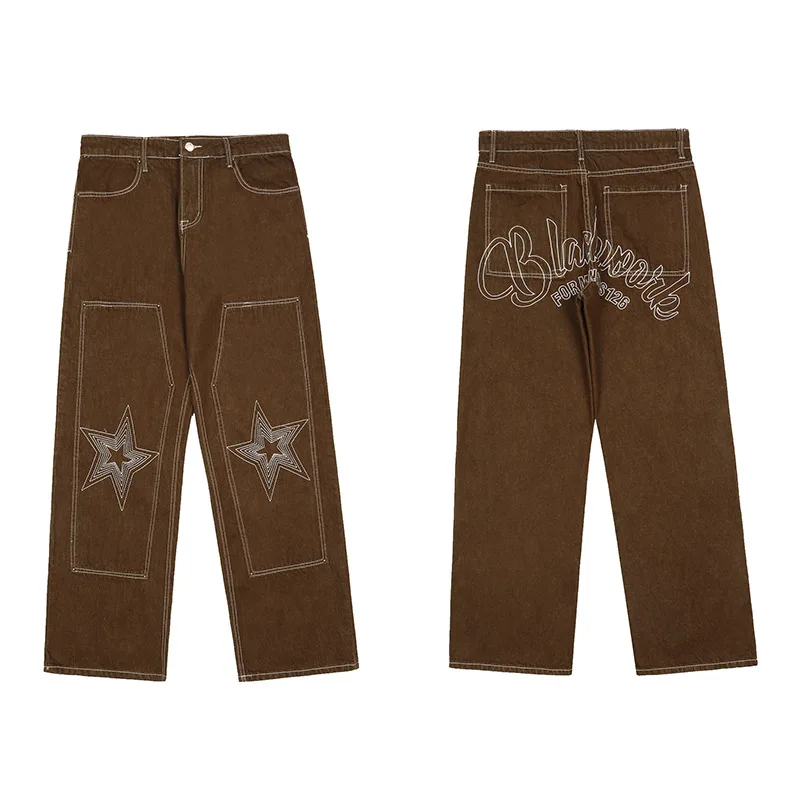 Four Seasons Men's Jeans Fashion Street Hip Hop Straight Patches Loose Versatile Solid Color Wide Leg Pants Street Men Clothing