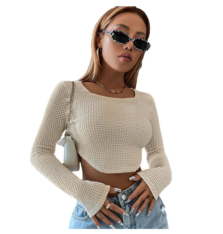 

Knitted Top Long Sleeve Streetwear Clothes for Women Summer 2022 Sexy Crop Top Y2k Aesthetic Tops for Women Full Sleeves