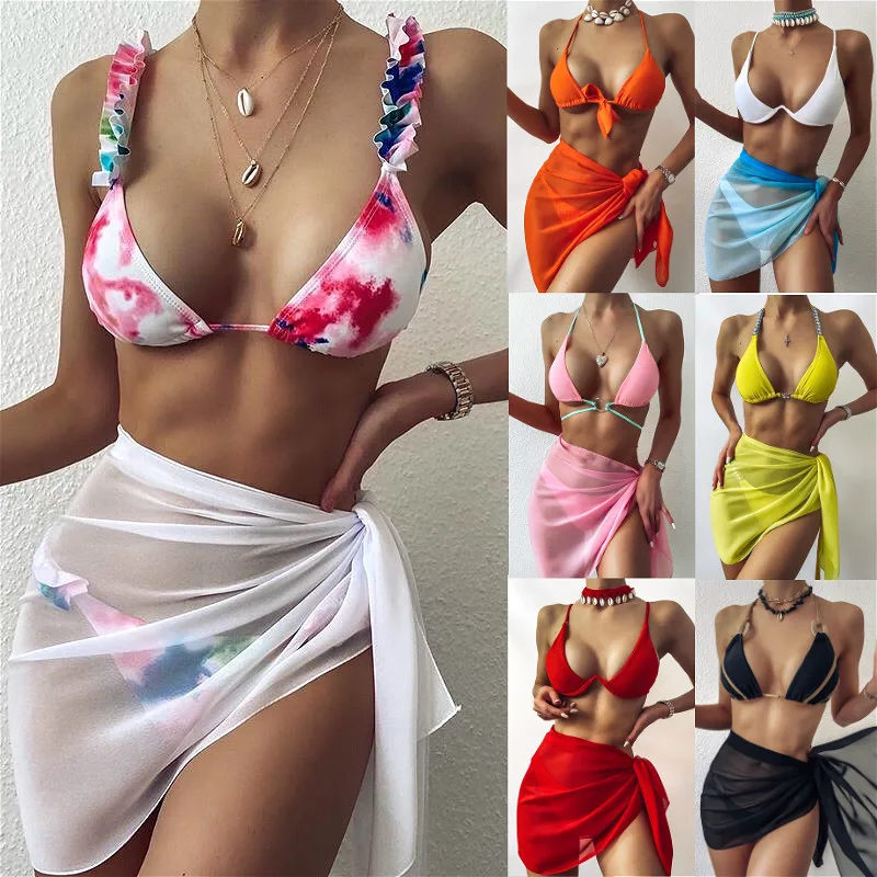 2022 New Women Chiffon Swimwear Pareo Scarf Bikini Cover-Ups Wrap Kaftan Sarong Beach Sexy Skirts 12 Color Swimsuit Cover-Ups