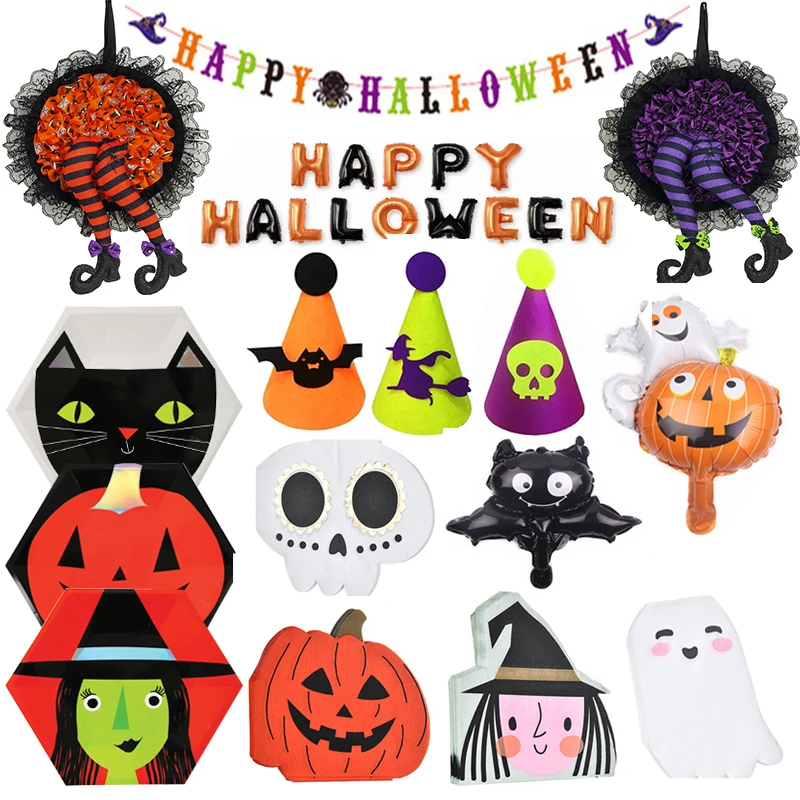 

Halloween Skull Witch Pumpkin Themed Decoration Napkins Balloons Paper Plates Tablecloth Disposable Cutlery Kids Toys Supplies