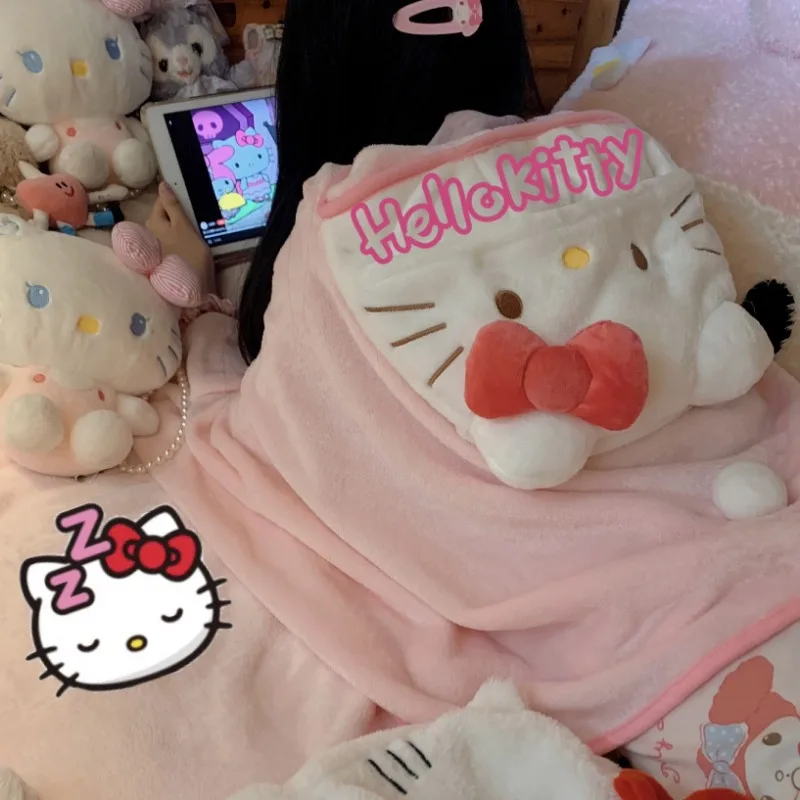 

HelloKitty Kawaii Anime Sanrio Home Plush Cape Blanket New Cute Sweet Winter Warm Student Bedroom Hooded Home Girl Birthday Gift