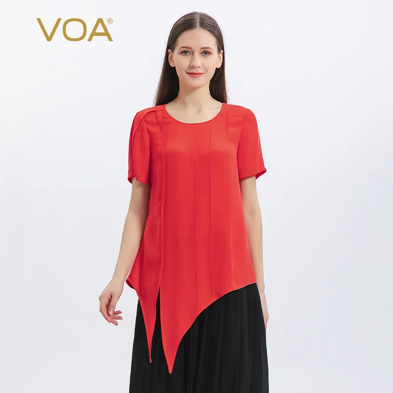 

VOA 100% Pure Mulberry Silk Simple O-Neck Fire Whirl Red Woman Tshirts Summer Short Sleeves T-Shirts Asymmetrical Tops BE958