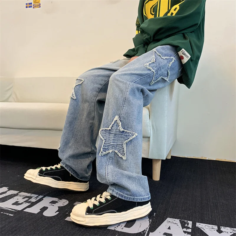 

Широкие повседневные мужские штаны со звездами, качественные пятиконечные джинсы, Прямые корейские высокие повседневные Ретро штаны с принтом, Модные свободные штаны в стиле хип-хоп