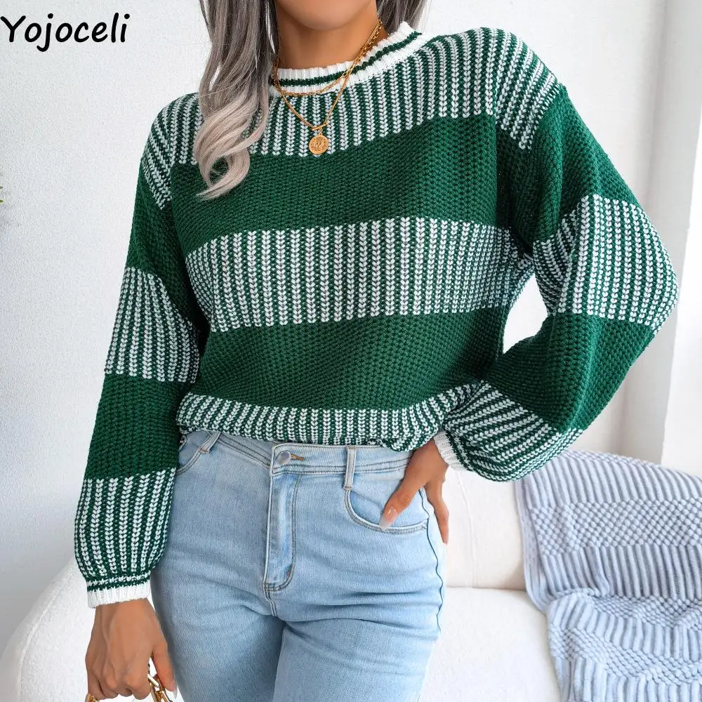 

Yojoceli Sexy women striped autumn knitted pullover Casual warm o neck winter sweater jumper Cute soft sweater tops female