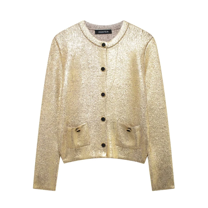 Женские топы TRAF новинка 2024 модная трикотажная куртка с текстурой металлической