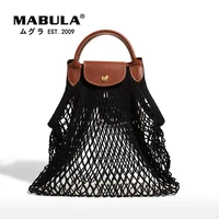 fashion mesh fish net women tote beach handbag summer branded large foldable portable grocery shopper purses with leather handle